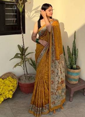 Mustard chanderi cotton saree with floral kalamkari print with blouse piece 1