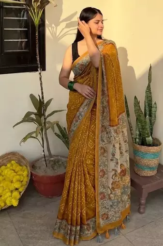 Mustard chanderi cotton saree with floral kalamkari print with blouse piece