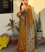 Mustard chanderi cotton saree with floral kalamkari print with blouse piece
