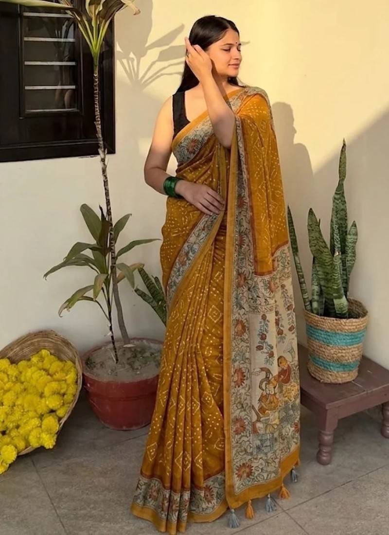 Mustard chanderi cotton saree with floral kalamkari print with blouse piece