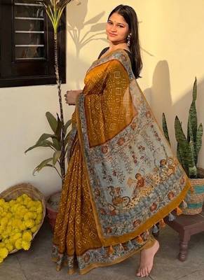 Mustard chanderi cotton saree with floral kalamkari print with blouse piece 2
