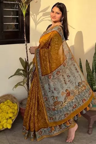 Mustard chanderi cotton saree with floral kalamkari print with blouse piece