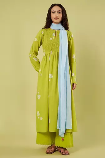 Lime green light blue printed cotton kurta set
