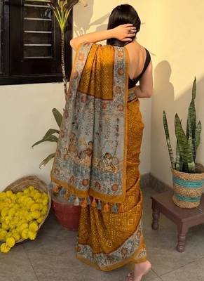 Mustard chanderi cotton saree with floral kalamkari print with blouse piece 3