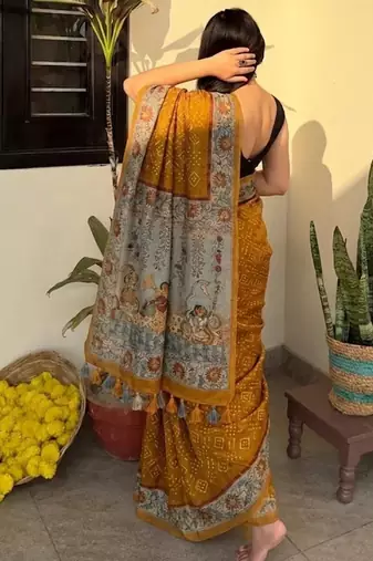 Mustard chanderi cotton saree with floral kalamkari print with blouse piece