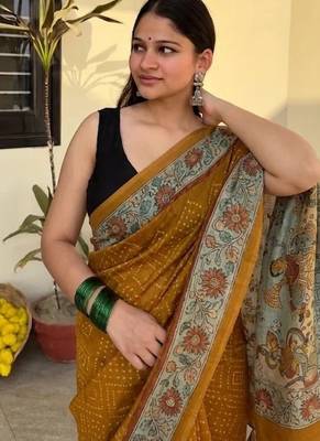 Mustard chanderi cotton saree with floral kalamkari print with blouse piece 4