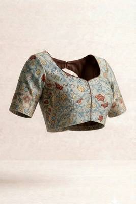Mustard chanderi cotton saree with floral kalamkari print with blouse piece 5