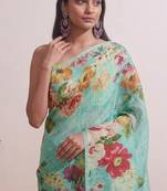 Cyan floral chanderi silk saree with blouse piece