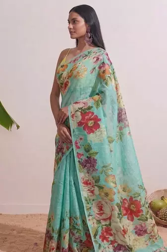Cyan floral chanderi silk saree with blouse piece