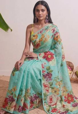 Cyan floral chanderi silk saree with blouse piece 3