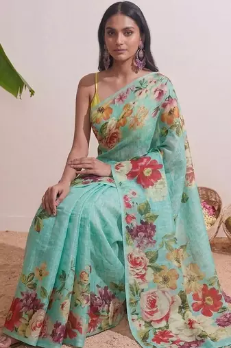 Cyan floral chanderi silk saree with blouse piece