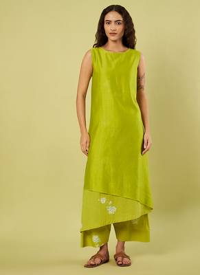Lime green floral printed cotton long kurta and salwar 1
