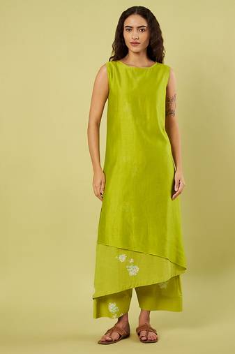 Lime green floral printed cotton long kurta and salwar
