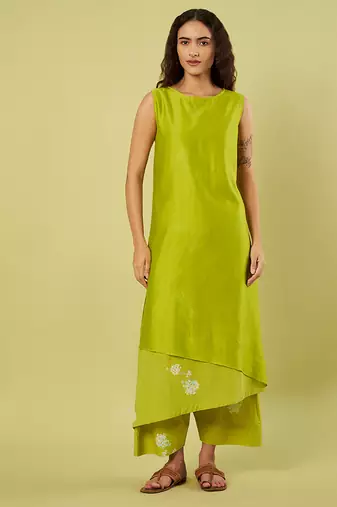 Lime green floral printed cotton long kurta and salwar
