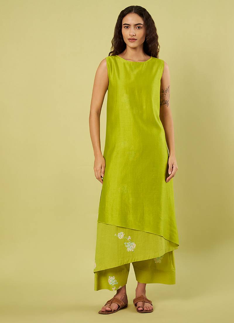 Lime green floral printed cotton long kurta and salwar