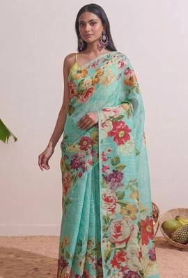 Cyan floral chanderi silk saree with blouse piece 4