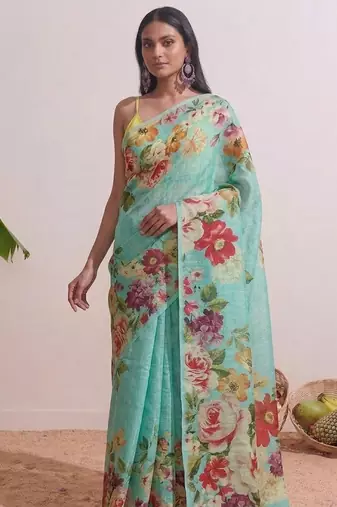 Cyan floral chanderi silk saree with blouse piece