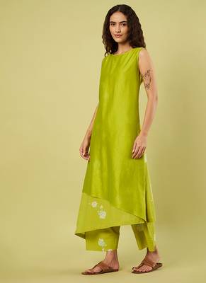 Lime green floral printed cotton long kurta and salwar 2