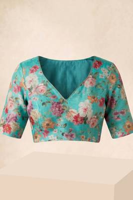 Cyan floral chanderi silk saree with blouse piece 5
