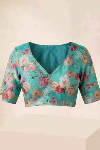Cyan floral chanderi silk saree with blouse piece