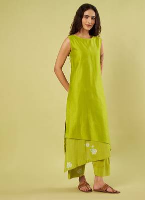 Lime green floral printed cotton long kurta and salwar 3