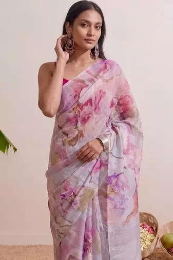 Pink floral chanderi silk saree with blouse piece