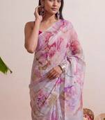 Pink floral chanderi silk saree with blouse piece