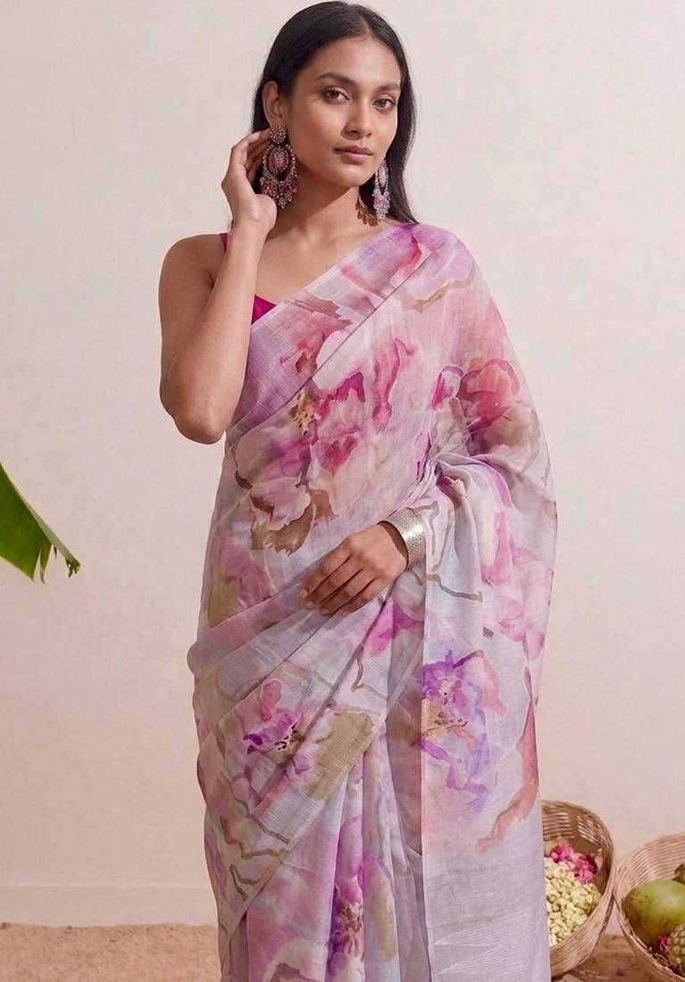 Pink floral chanderi silk saree with blouse piece