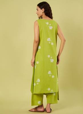 Lime green floral printed cotton long kurta and salwar 4