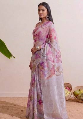 Pink floral chanderi silk saree with blouse piece 2