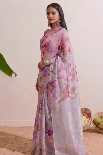 Pink floral chanderi silk saree with blouse piece