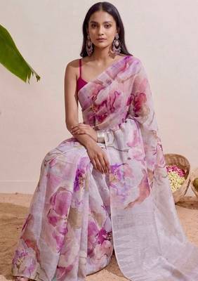 Pink floral chanderi silk saree with blouse piece 3