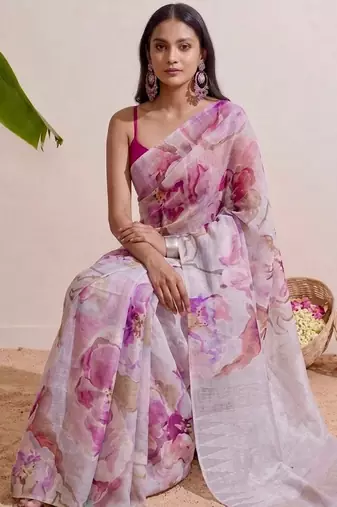Pink floral chanderi silk saree with blouse piece