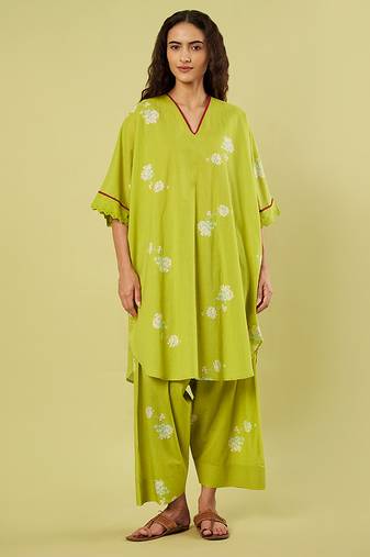 Lime green printed cotton kaftan set