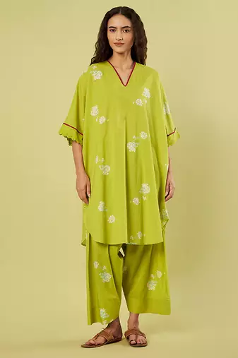 Lime green printed cotton kaftan set