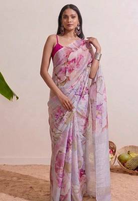 Pink floral chanderi silk saree with blouse piece 4