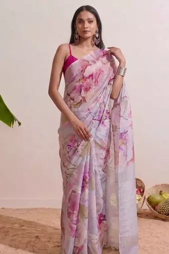 Pink floral chanderi silk saree with blouse piece