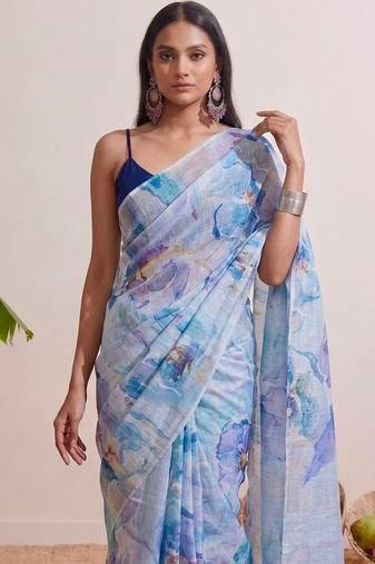 Pastel blue floral chanderi silk saree with blouse piece