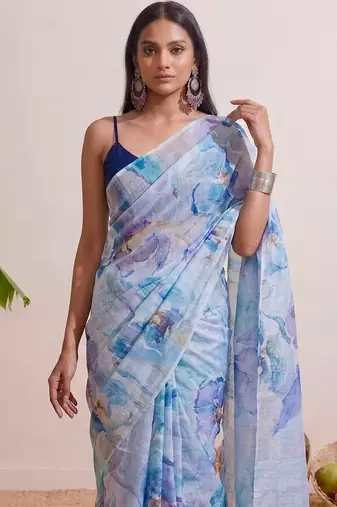 Pastel blue floral chanderi silk saree with blouse piece