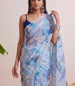 Pastel blue floral chanderi silk saree with blouse piece