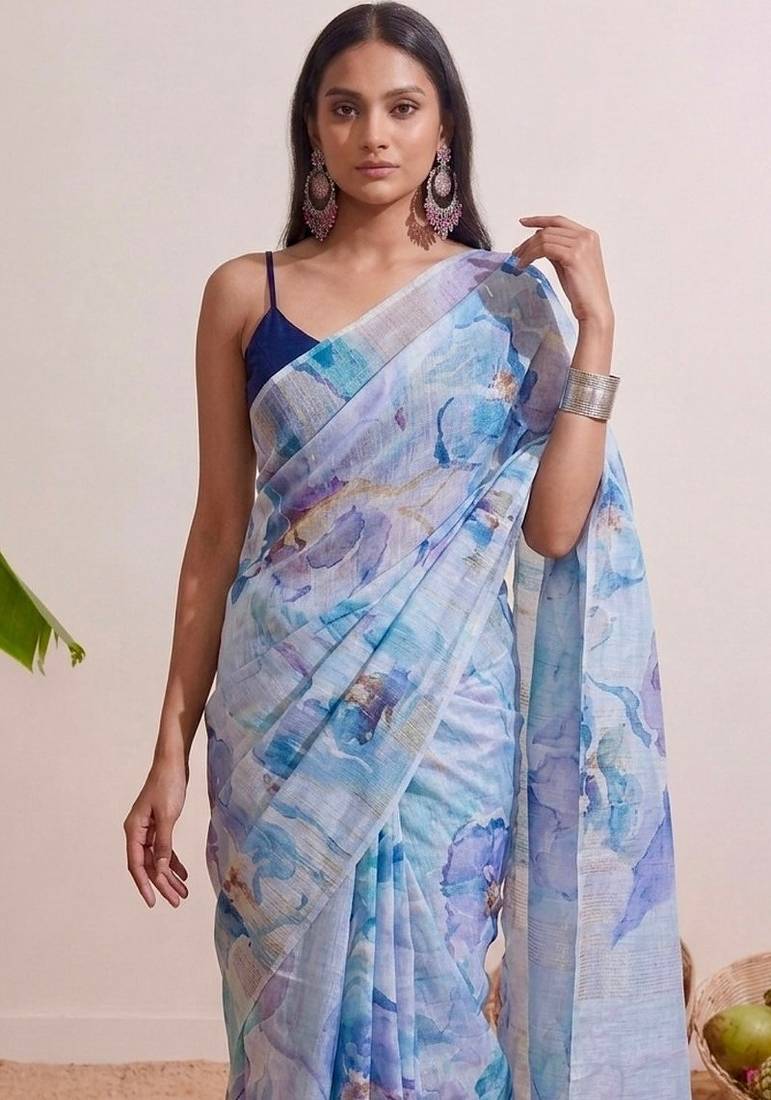 Pastel blue floral chanderi silk saree with blouse piece