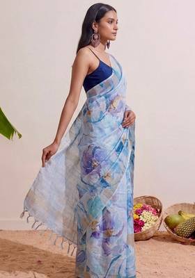 Pastel blue floral chanderi silk saree with blouse piece 2