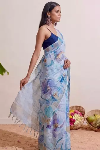 Pastel blue floral chanderi silk saree with blouse piece