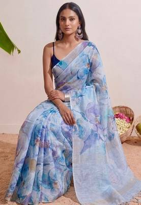 Pastel blue floral chanderi silk saree with blouse piece 3