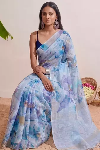 Pastel blue floral chanderi silk saree with blouse piece
