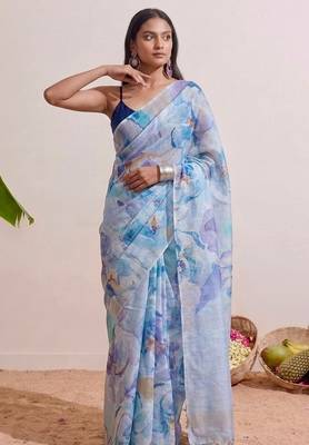Pastel blue floral chanderi silk saree with blouse piece 4