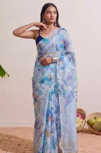 Pastel blue floral chanderi silk saree with blouse piece