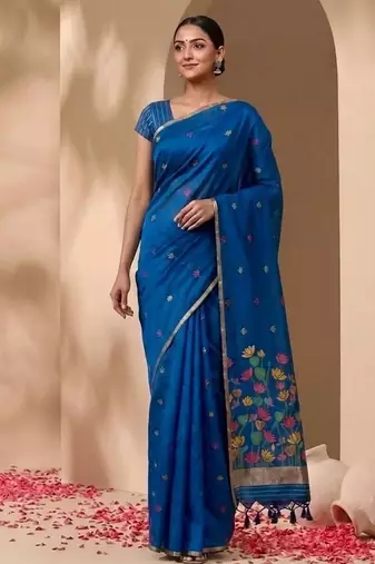 Royal blue floral pichwai work jamdani silk saree with blouse piece