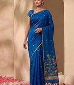 Royal blue floral pichwai work jamdani silk saree with blouse piece