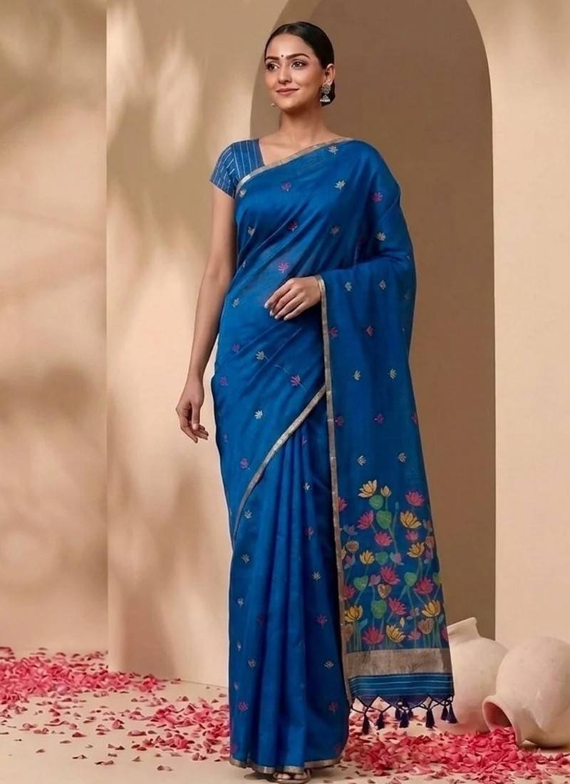 Royal blue floral pichwai work jamdani silk saree with blouse piece